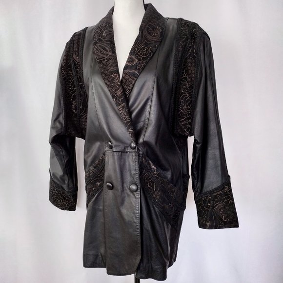 Vintage 1980s Black Leather & Suede Oversized Double Breasted Coat M /L - Picture 3 of 14